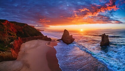 A beach late evening orange and red clouds rock arch formations backgrond