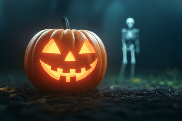 A spooky Halloween scene featuring a glowing jack-o'-lantern with a skeleton in the background, perfect for festive decorations.