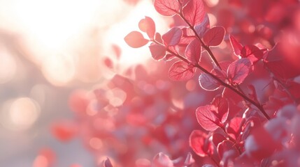 Fototapeta premium A branch of a tree with red leaves in sharp focus, background softly blurred
