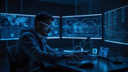 Futuristic Programmer Analyzing Code with AI Assistance and Holographic Screens