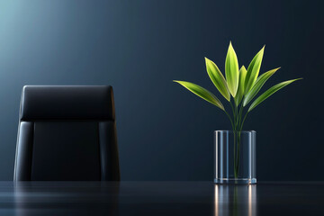 A stylish office setup featuring a modern chair and a vibrant potted plant on a sleek desk with a dark background.