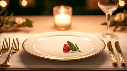 An elegant dining setting with a candlelit ambiance, showcasing a beautifully arranged plate and fresh garnish.