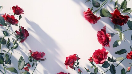 Closeup of red roses against a light grey background with copy space on the right