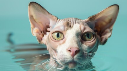 A curious sphynx cat swimming in tranquil turquoise water, showcasing its unique features and playful personality.