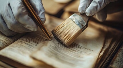 A close-up of aged book pages being gently cleaned with a soft brush, emphasizing attention to detail in restoration