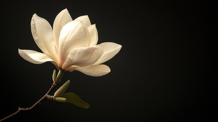 single magnolia bloom on a rich black background, with elegant simplicity and room for copy