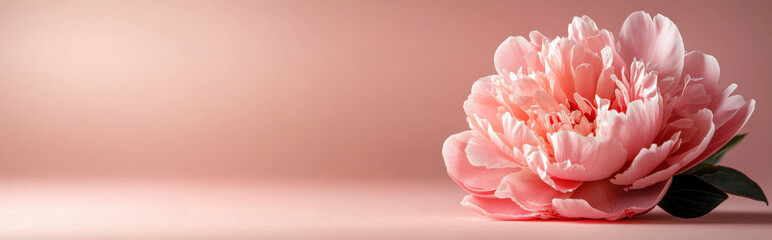 single peony bloom on a soft rose gold background, with a minimalist design and ample space for copy