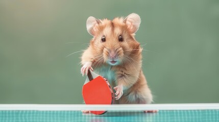 A cute hamster skillfully holds a ping pong paddle, showcasing its playful spirit and adorable personality.