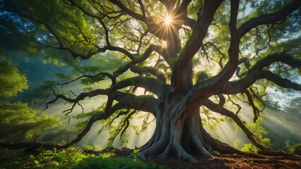 Fototapeta premium Flourishing Tree in Golden Light: Symbolizing Prosperity and Progress