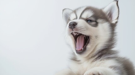 Fototapeta premium A charming sled dog puppy yawns, showcasing its fluffy fur and bright blue eyes against a white backdrop.