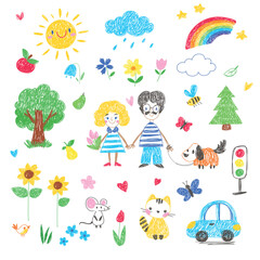 Kids Doodle Simple Hand Drawn Element Vector Set