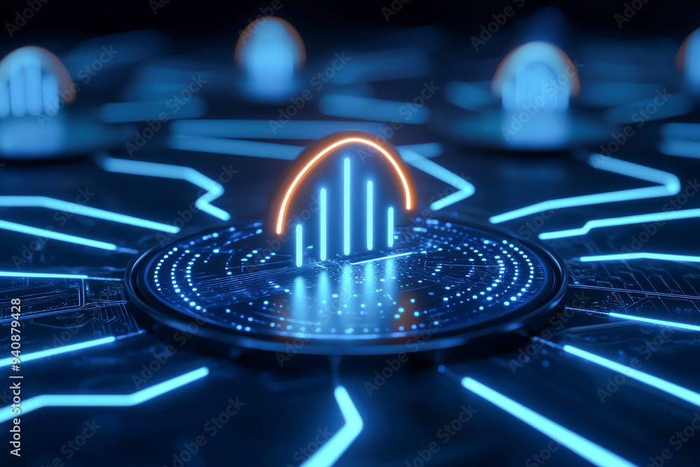 Poster futuristic digital interface with glowing lines and data visualization, ideal for technology and inn
