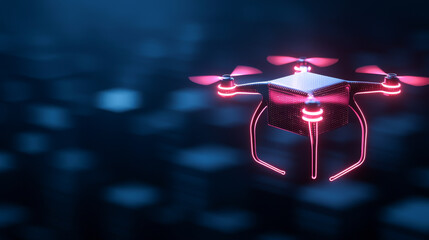 Futuristic drone with glowing lights hovering in a dark environment, showcasing modern technology and innovation in aerial devices.