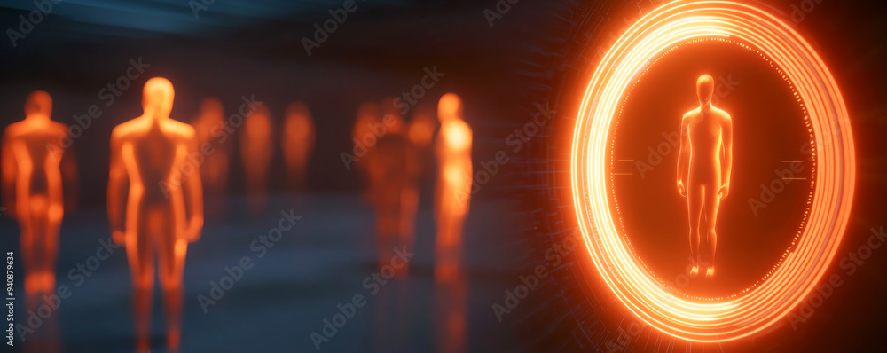 Poster futuristic holographic figures in an illuminated space, showcasing advanced technology and a dynamic
