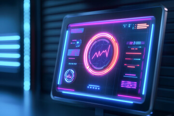 Futuristic monitor displaying vibrant data visualization with neon elements and dynamic graphics in a high-tech environment.
