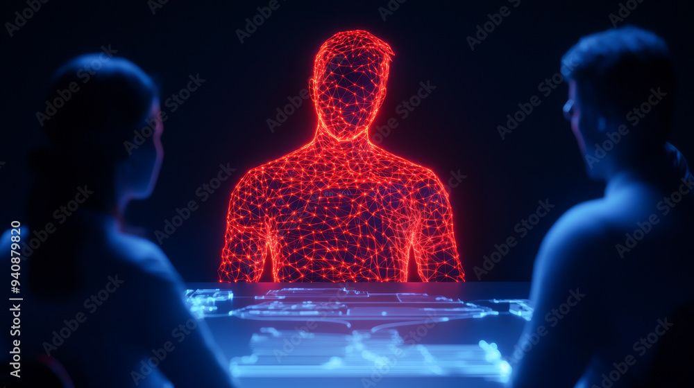 Poster futuristic scene of a digital avatar interacting with two people at a tech table, showcasing innovat