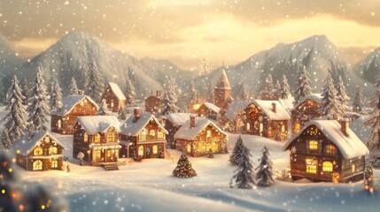 Enchanting Christmas Village in Retro Style: Snowy Winter Landscape for Holiday Greetings. Festive 3D Illustration Capturing Seasonal Joy and Celebration. Perfect for Marketing Campaigns, Web Template
