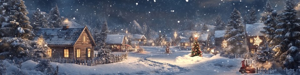 Enchanting Christmas Village in Retro Style: Snowy Winter Landscape for Holiday Greetings. Festive 3D Illustration Capturing Seasonal Joy and Celebration. Perfect for Marketing Campaigns, Web Template