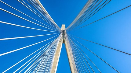 A close-up view of the intricate cables of a bridge against a clear blue sky, emphasizing engineering details