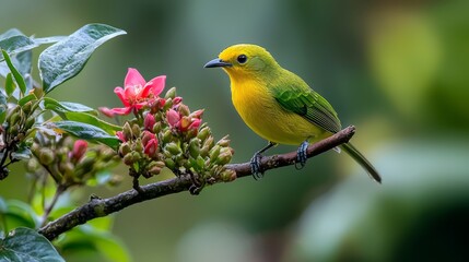  A yellow-and-green bird sits on a tree branch, surrounded by pink flowers in the foreground and green leaves in the background