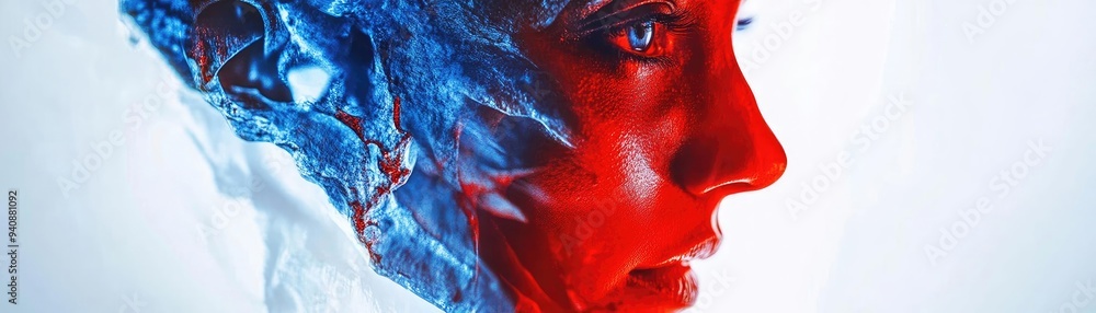 Poster Abstract portrait blending human features with vibrant colors and textures, creating a striking visual impact.