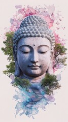 Serene Buddha sculpture surrounded by vibrant colors and serene nature, symbolizing peace and tranquility.