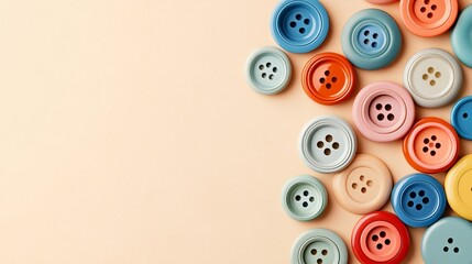 A collection of colorful buttons arranged on a light solid color background, with ample copy space for text overlay