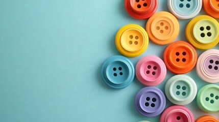 Fototapeta premium A collection of colorful buttons arranged on a light solid color background, with ample copy space for text overlay