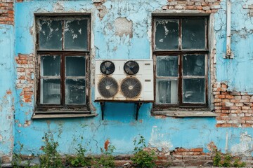 A single air conditioning unit is mounted between two windows on an old, damaged blue wall, emphasizing the contrast between technology and decay in an urban setting.