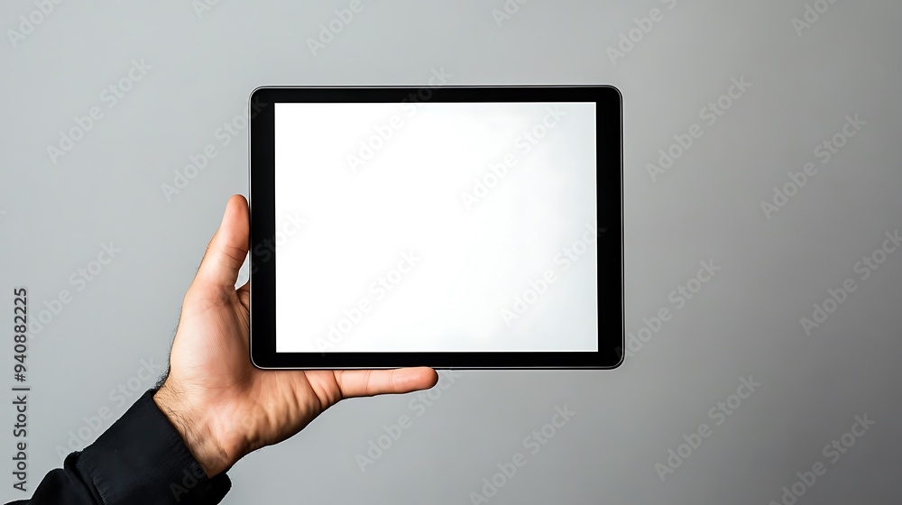 Wall mural a hand holding a tablet with a blank white screen.