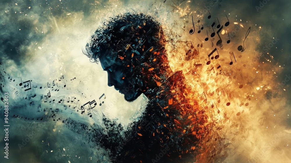 Poster a creative representation of music blending with human form, symbolizing the connection between soun