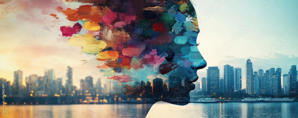 Poster a creative representation of a woman's profile with colorful abstract elements merging with a city s