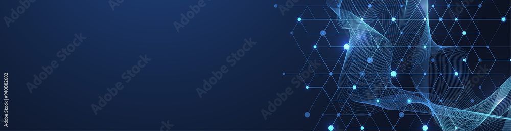 Poster Modern technology illustration with square grid. Technology banner template cubes texture. Digital geometric abstraction with lines and dots