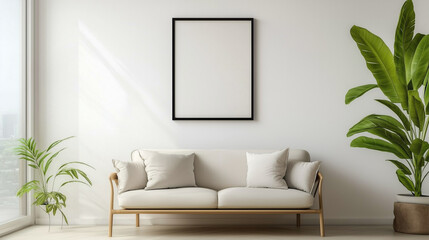 A minimalist living room with an empty black frame on the wall, a beige sofa, and potted plants. Perfect for poster mockup