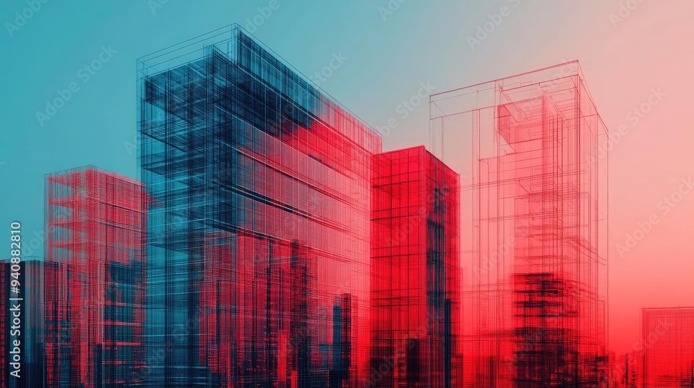Aufkleber Abstract representation of modern buildings with a blend of red and blue tones, creating a dynamic urban landscape.