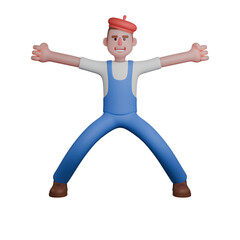 Professional Artist Character. artist standing with legs wide apart and arms stretched out to the sides, creating a highly expressive pose. 3D Male Model