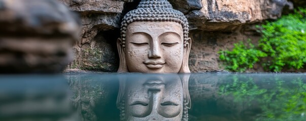 Serene Buddha statue reflecting in tranquil water, surrounded by nature, symbolizing peace and mindfulness.