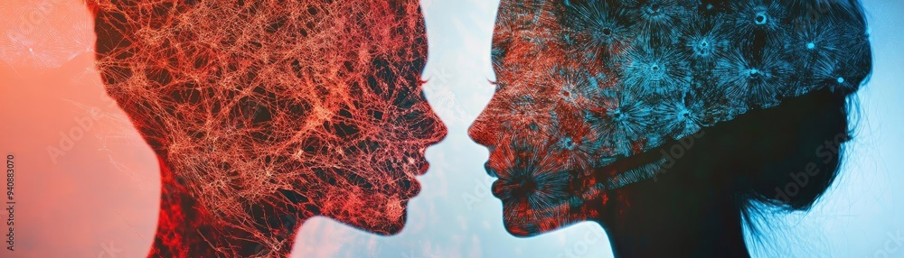 Aufkleber artistic representation of two human silhouettes with vibrant, interconnected lines symbolizing conn