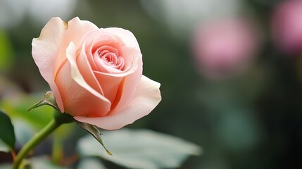  A pink rose, tightly framed, on its stem against a softly blurred backdrop of leaves and flowers