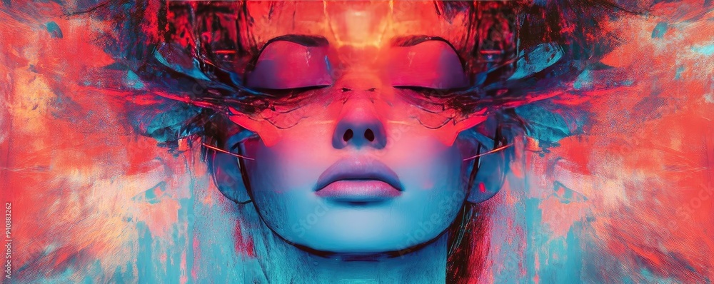 Poster A captivating portrait featuring vibrant colors and abstract elements, emphasizing beauty and emotion through artistic expression.