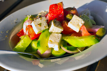 Greek Fresh vegetable salad with white feta cheese
