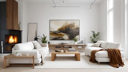 Two white sofas near fireplace against white wall with wooden cabinet and art poster, Generative AI