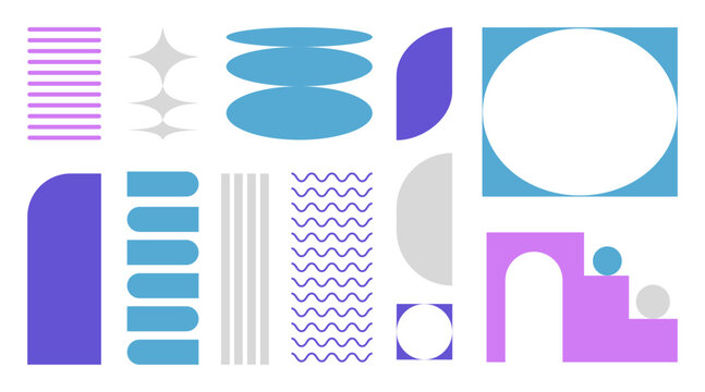 Abstract retro shapes, frames and symbols, basic brutal forms and figures in Y2K aesthetics, vintage stickers, logos, labels. Decorative design elements, vector illustration.