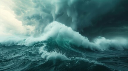 Obraz premium A powerful ocean wave crashing under a dramatic stormy sky, showcasing the beauty and ferocity of nature's elements.