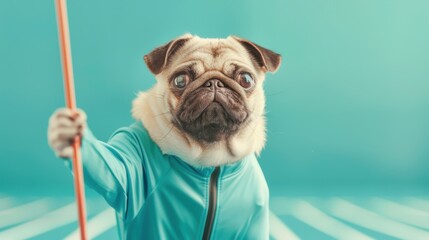 A quirky pug wearing a blue outfit and holding a stick, set against a vibrant teal background. Perfect for playful and fun themes.