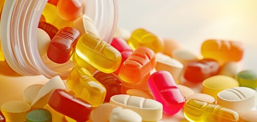 Close-up of gummy vitamins in various shapes and colors spilling out of a bottle, highlighting the appealing and nutritious supplement option
