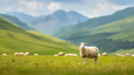 Fototapeta premium A serene pasture scene with a lone sheep standing in the foreground, lush green hills and mountains in the background.