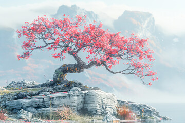 Small pink tree growing on a rock by a lake with mountains in the background