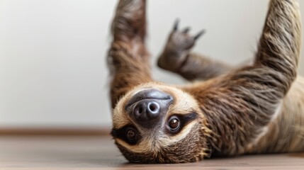 A sloth relaxing upside down, showcasing its adorable face and furry limbs in a cozy indoor setting.