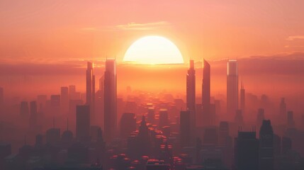 Fototapeta premium A stunning sunset above a modern city skyline, casting a warm glow over the buildings and creating a serene atmosphere.